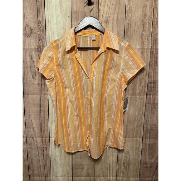 IZOD Medium NWT light summer blouse button up top shirt orange/yellow striped - Picture 1 of 7